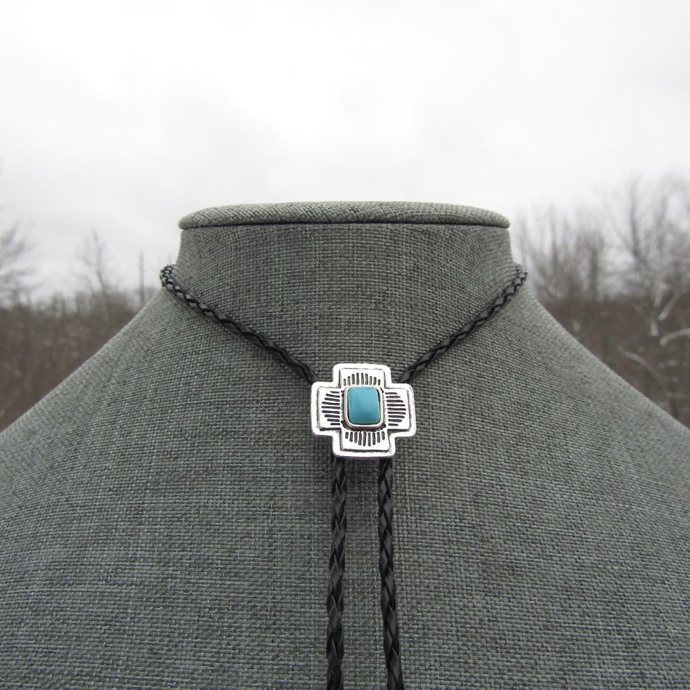Classic Southwestern Style Bolo Tie Black Braided Leather Necklace
